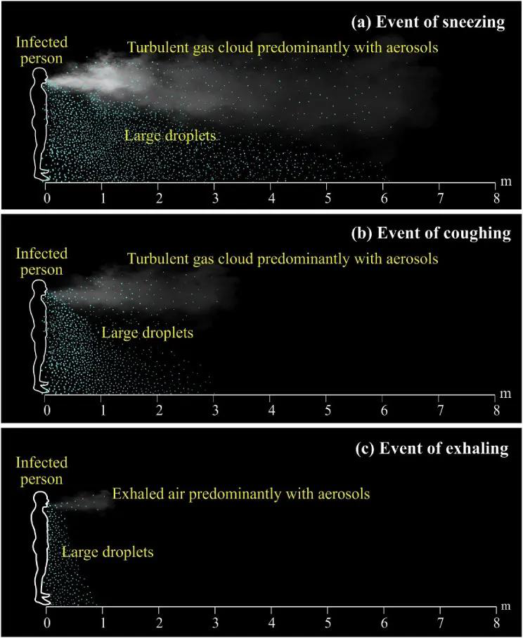 Estornudos, tos, exhalación de nubes y su distancia de transmisión