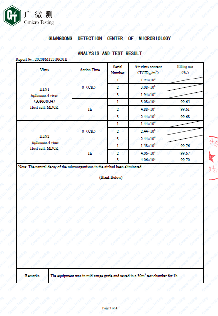 informe de prueba del purificador de desinfección